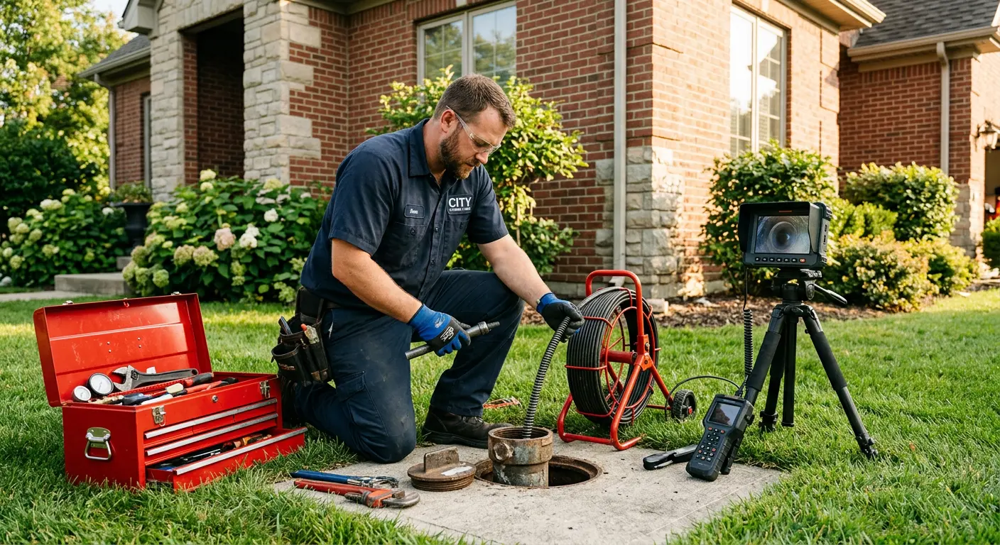Sewer specialist with camera equipment servicing a cleanout in Fairwood