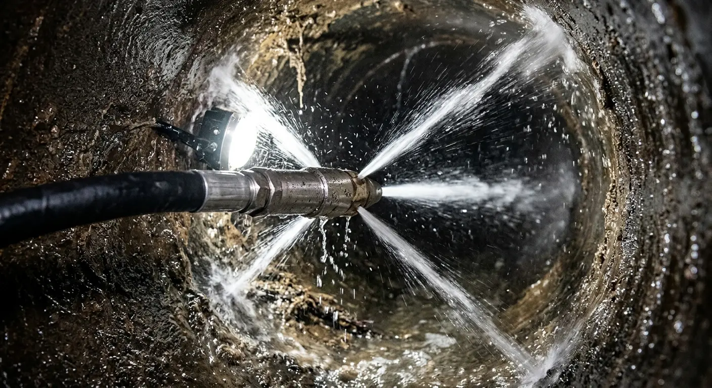 High-pressure hydro jetting nozzle cleaning sewer pipe for Emergency Drain Service in Fairwood