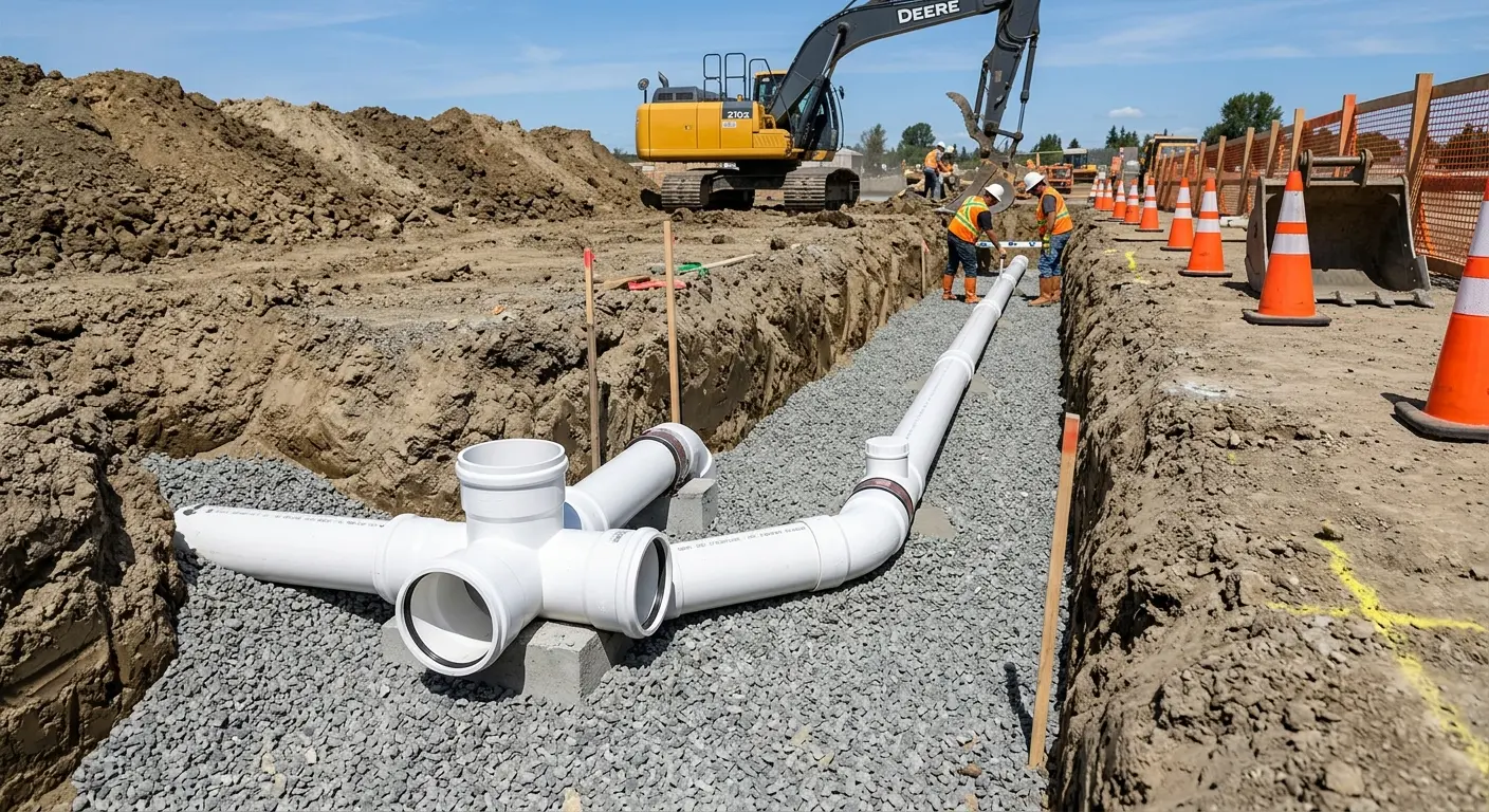 New PVC sewer pipe installation in open trench for Commercial Drain Cleaning in Fairwood