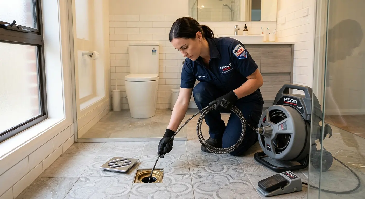 Technician clearing a bathroom floor drain for Drain Cleaning in Fairwood